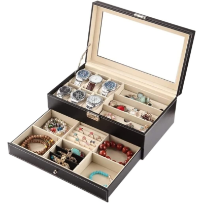 2 Layer PU Leather Watch & sunglsses Display Box with Jewelry Display  Box