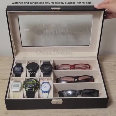 6 Grids Watch and 3 sunglasses Box PU Leather Watch Case Holder Organizer Storage Box for Quartz Watches Display Best Gift