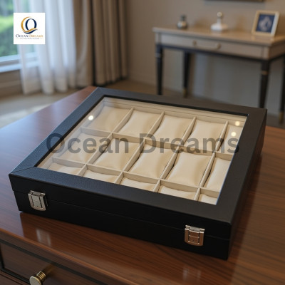 Premium 12 Slot Square Watch Box – Black | Wooden Frame Glass Display Case