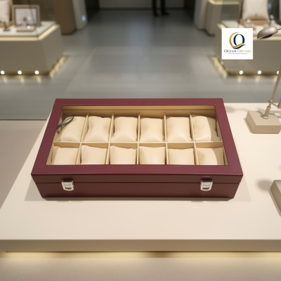 Premium 12 Slot Watch Box – Wine Red | Wooden Frame Glass Display Case